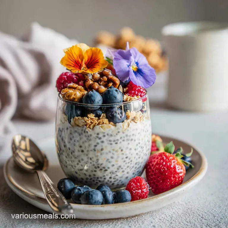 Creamy overnight oats with a sprinkle of chia seeds and fresh fruit, presented in a dainty glass bowl, a healthy breakfast...