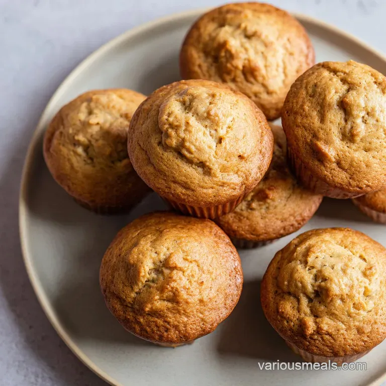 A stack of warm, golden muffins on a white plate, drizzled with creamy peanut butter and fresh banana slices.