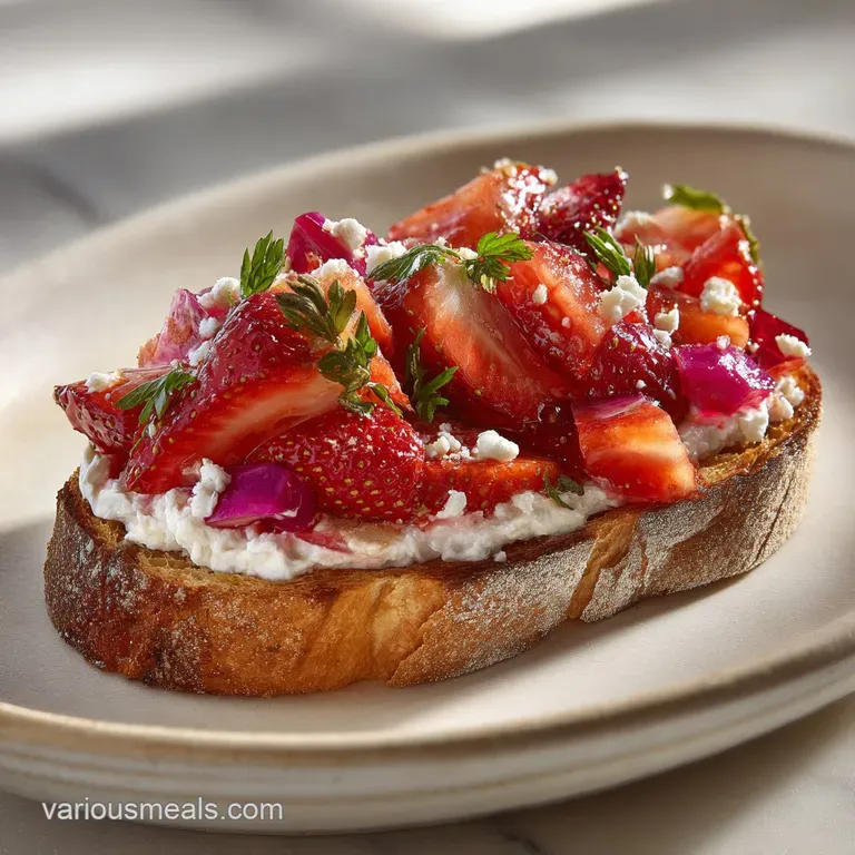 Golden-brown toast topped with vibrant red strawberries, creamy white feta, and a drizzle of golden honey on a white plate.