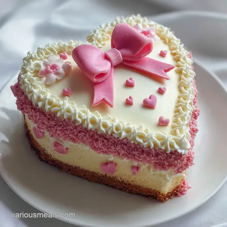 Elegant slice of heart pink cake, presented with a dainty pink bow, soft crumb, enticing dessert. A sweet treat.