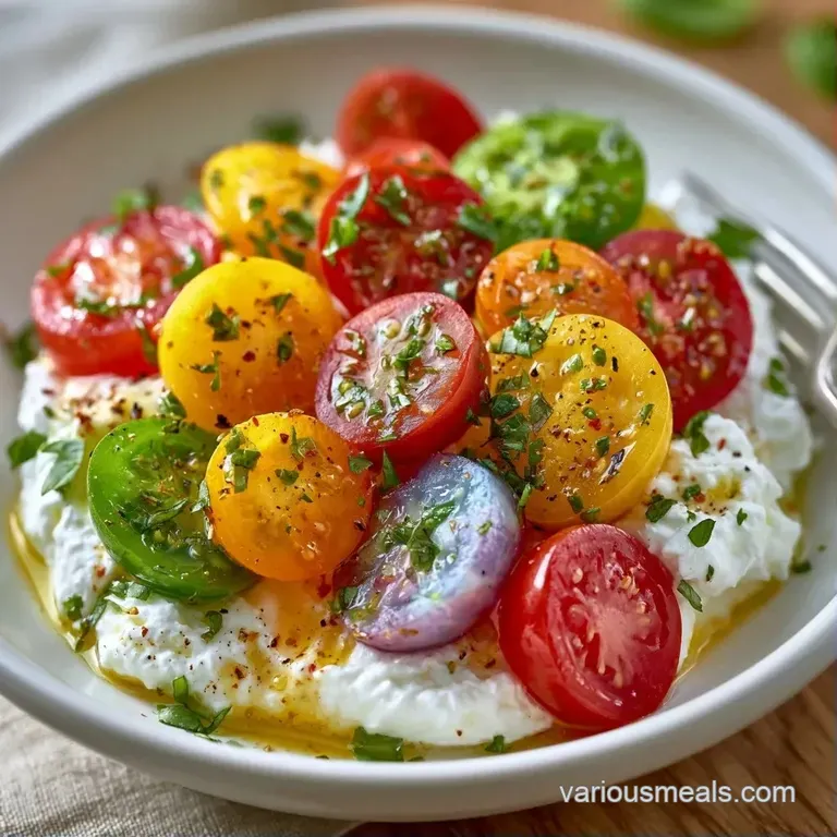 Sliced multi-colored tomatoes artfully arranged over creamy ricotta dollops on a white ceramic platter with basil.