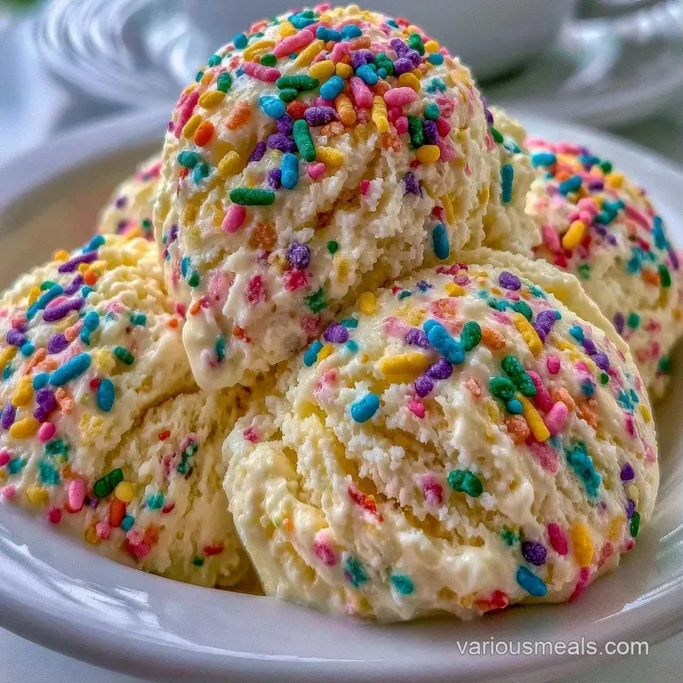Elegant scoops of smooth vanilla-colored frozen treat served in a chilled glass bowl with a sprinkle of rainbow gems.