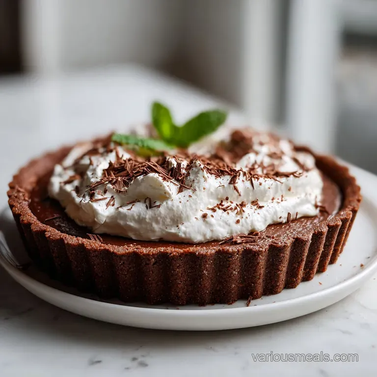A slice of dark chocolate pie, revealing smooth custard and delicate cream swirls on a white plate.