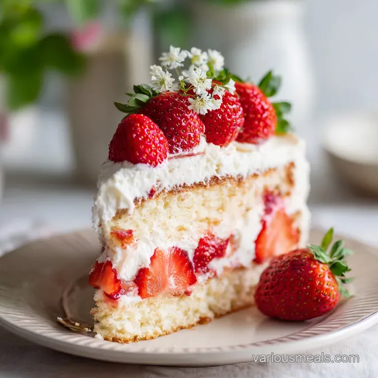 Slice of strawberry cake, layered pink and white, sits on a plate; strawberry sauce drizzle and mint sprig offer vibrant p...