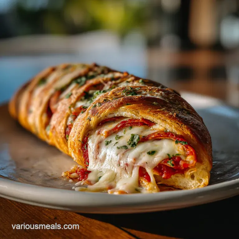 Slice of warm stromboli on a white plate. Flaky crust with visible layers of cheese, meats, and herbs. Steam suggests warmth.