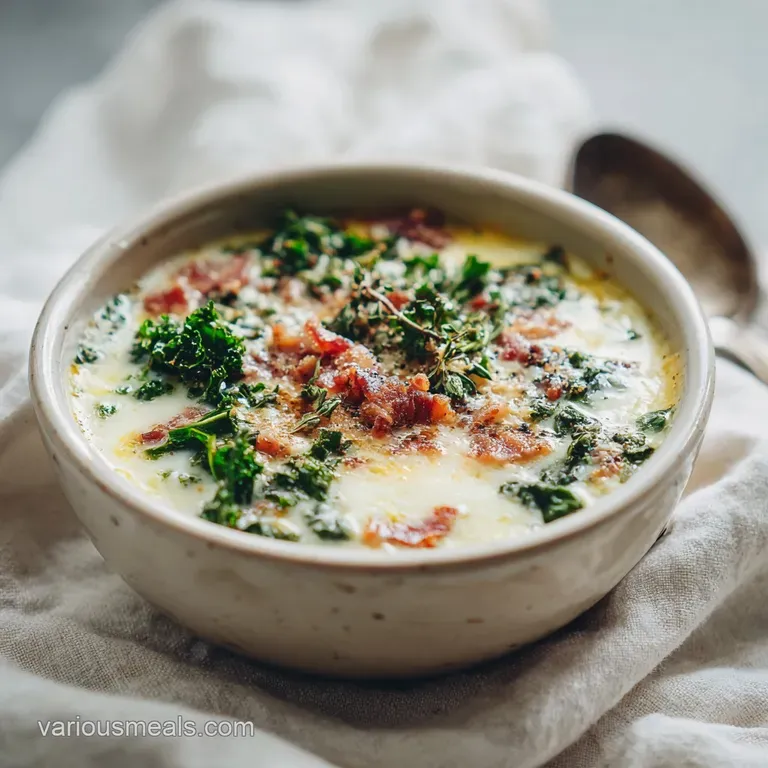 A rustic ceramic bowl brimming with creamy soup, featuring vibrant green kale and chunks of sausage.