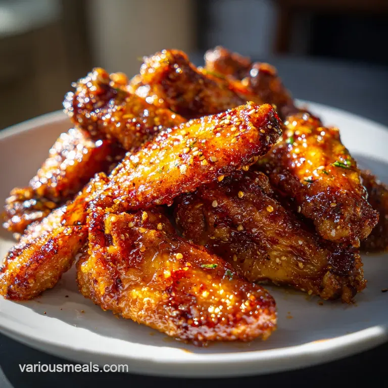 A stack of golden-brown, glazed chicken wings artfully presented on a plate with lemon wedges and black pepper sprinkles.