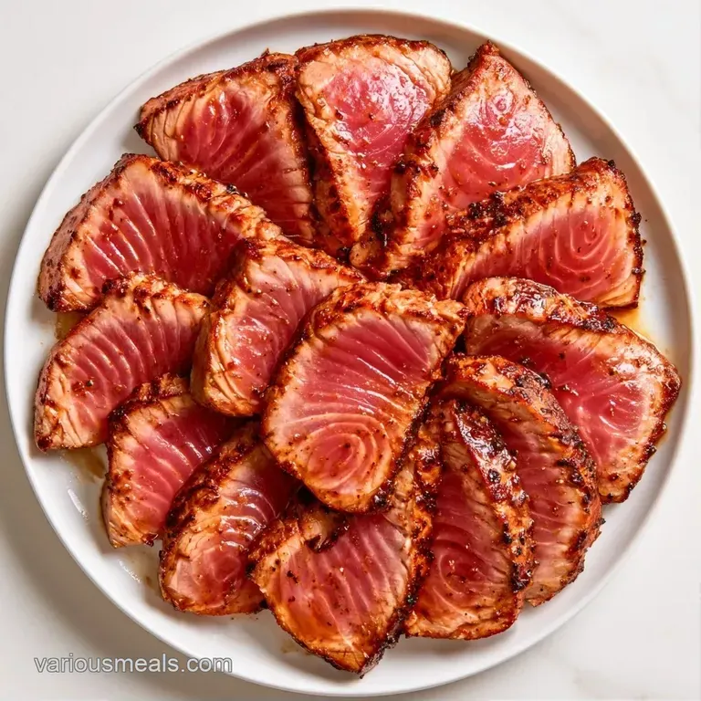 Slices of seared tuna arranged on a white plate with a drizzle of dark sauce and toasted white sesame seeds.