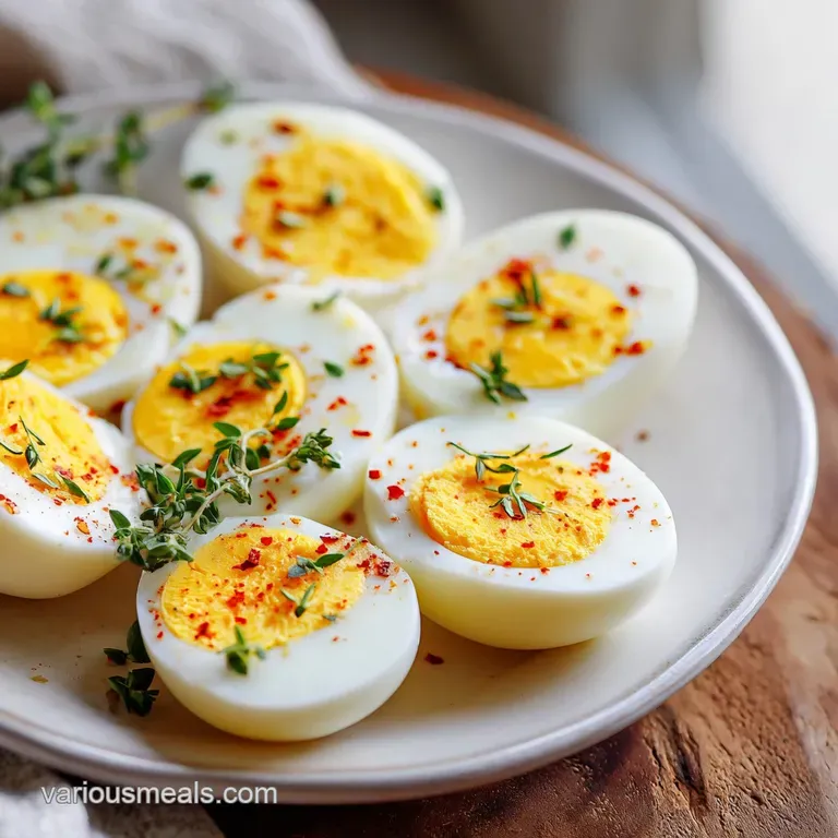 A neat stack of peeled, glossy hard-boiled eggs presented simply on a white plate.
