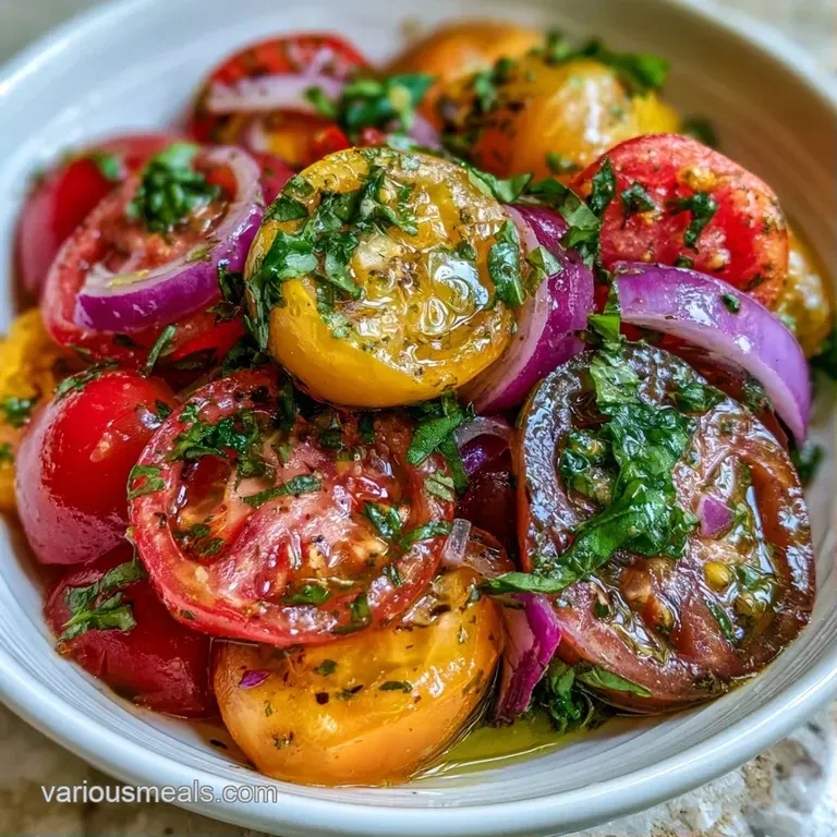 Colorful tomato slices layered on a minimalist white plate, garnished with basil and a pinch of flaky sea salt.