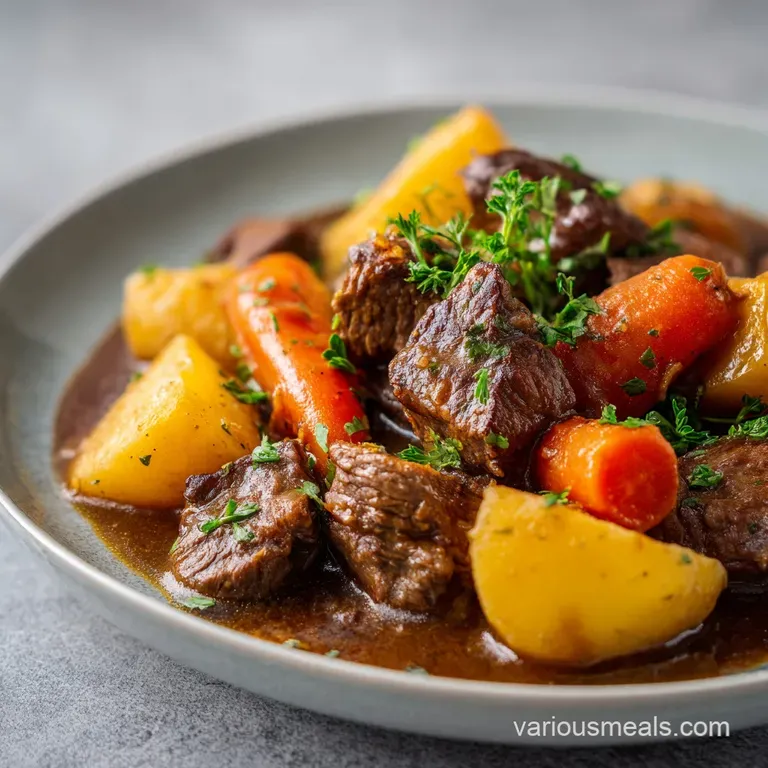 A deep ceramic bowl filled with chunky stew, topped with fresh parsley and served with crusty bread on the side.