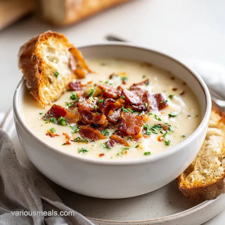 A steaming bowl of rich, velvety potato soup topped with sharp cheddar and a dollop of sour cream.
