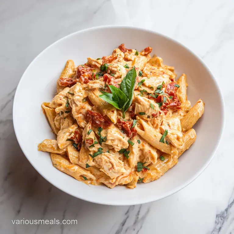 A swirl of creamy Tuscan chicken pasta artfully plated, garnished with fresh parsley and a drizzle of olive oil.