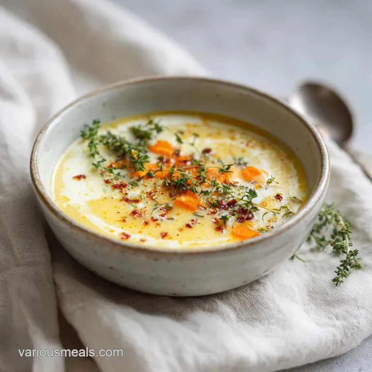 A steaming bowl of hearty vegetable soup, artfully garnished with fresh parsley and a swirl of cream.