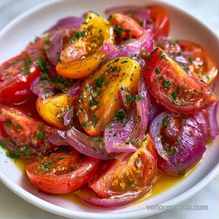 Vibrant sliced heirloom tomatoes arranged on a white ceramic platter with scattered herbs and golden olive oil.