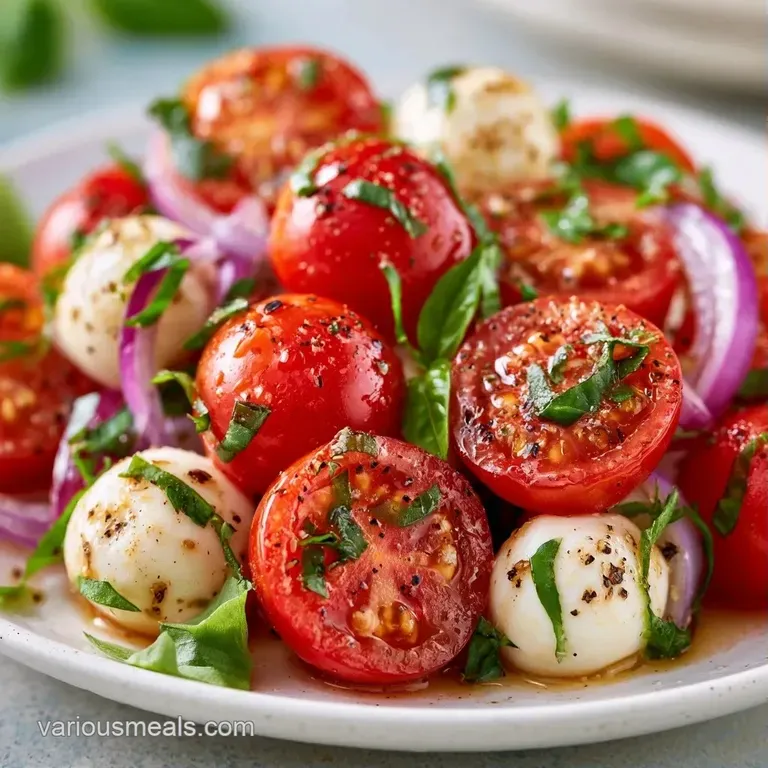 Neatly layered red tomatoes and creamy white mozzarella on a ceramic plate, garnished with bright basil leaves.