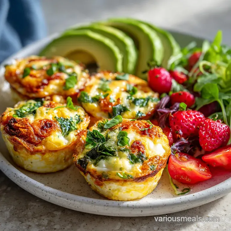 Two fluffy egg muffins with crisp edges plated alongside juicy tomato slices and vibrant green spinach, a light healthy meal.