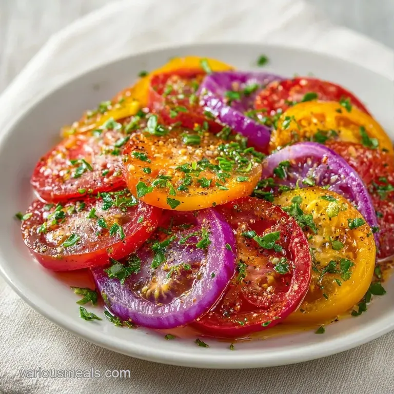 Slices of red and yellow heirloom tomatoes arranged in a circle, topped with lemon zest and bright green basil.