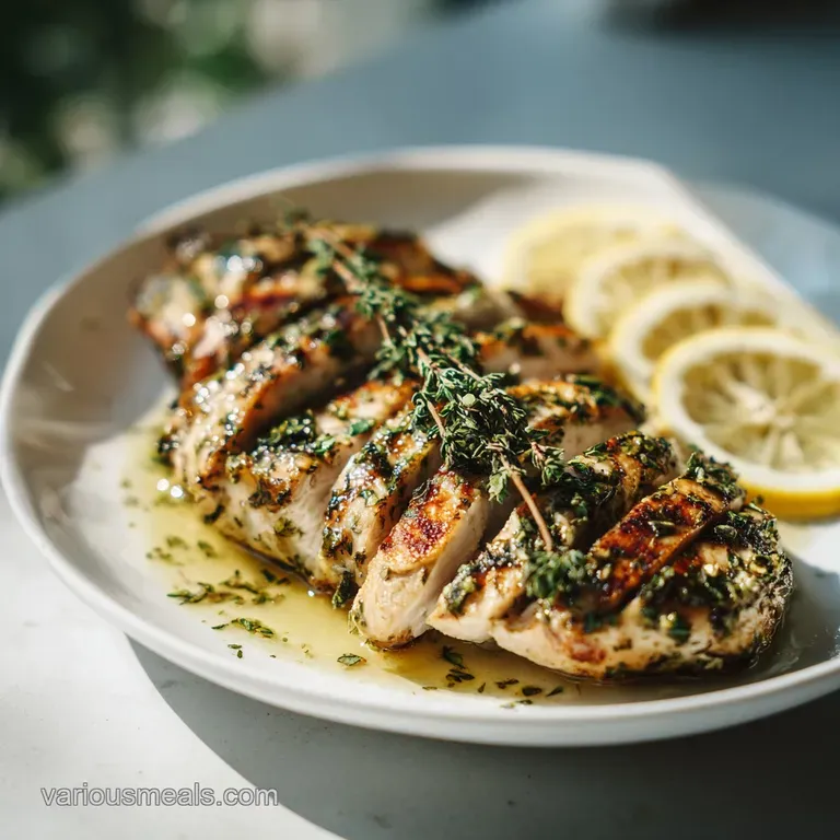 Perfectly roasted chicken breast, golden and tender, rests beside bright, fresh greens and a lemon wedge.