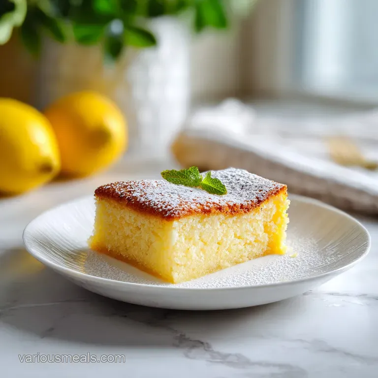 A slice of pale yellow cake with a distinct creamy layer, dusted lightly with powdered sugar on a white plate.