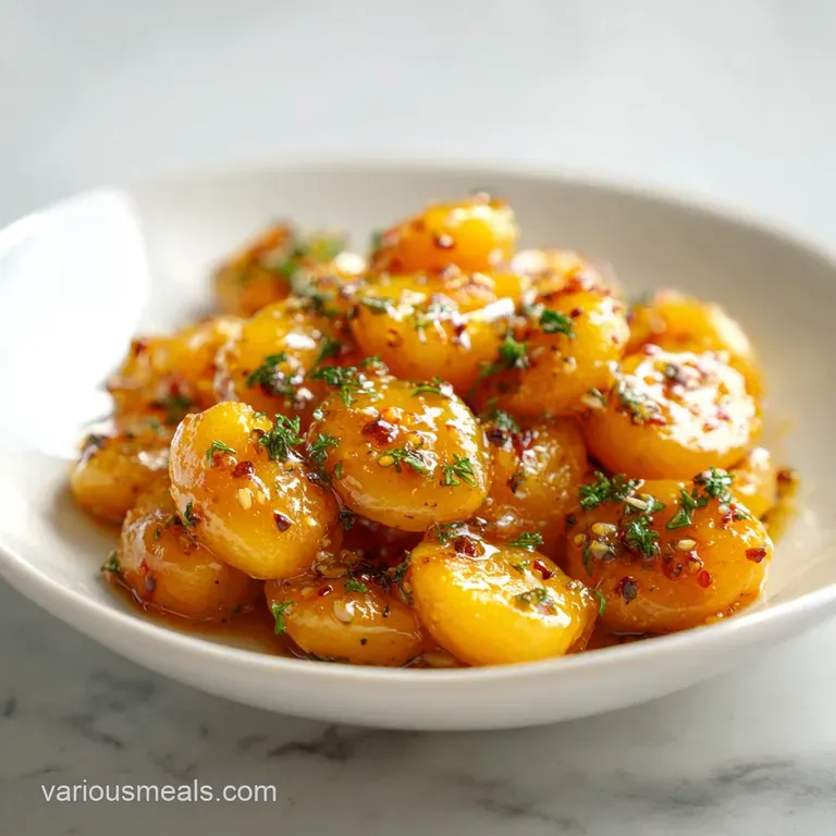 Spoonfuls of glistening, golden-orange sauce cascade over ripe mango, hinting at sticky sweetness with a fiery, peppered k...