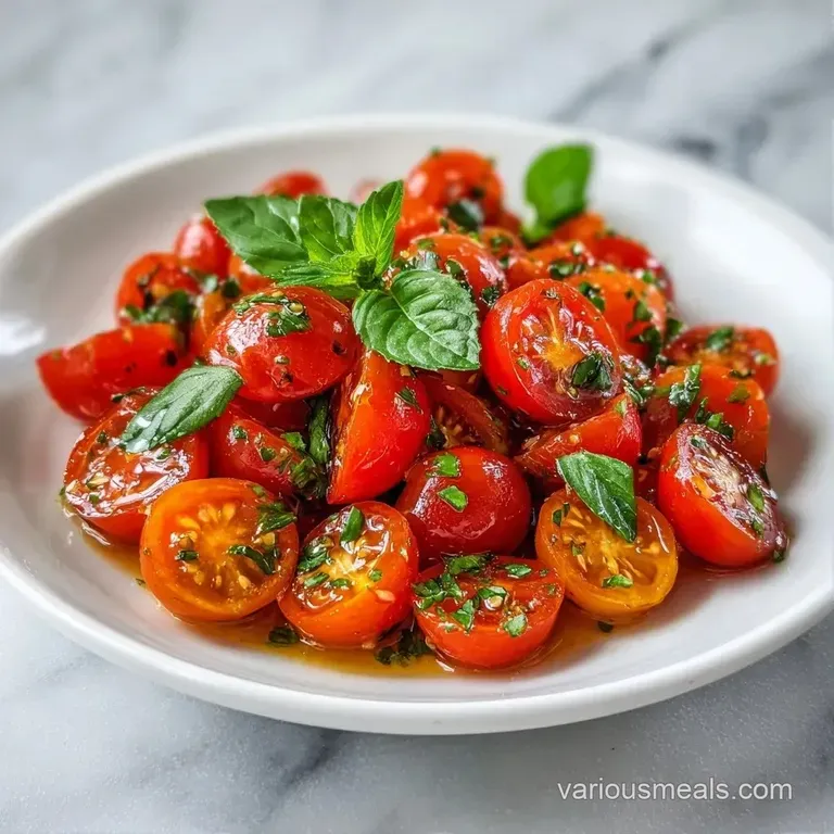 Vibrant red cherry tomatoes and emerald basil leaves elegantly arranged on a white plate with golden olive oil.
