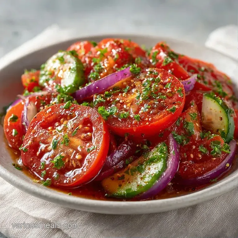 Bright red cherry tomatoes and purple onion slivers tossed with green herbs in a clear glass serving bowl.