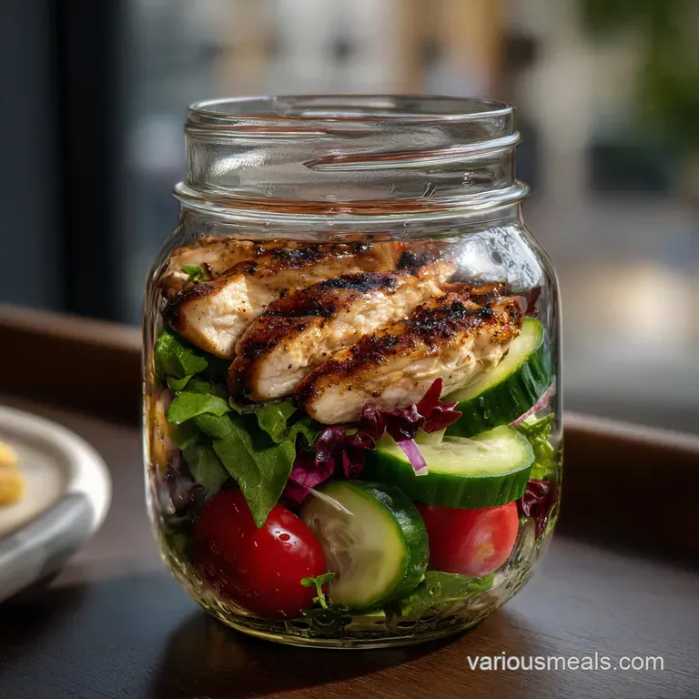 Artfully arranged salad of grilled chicken, bright vegetables, and greens, plated elegantly on a white surface, ready to eat.