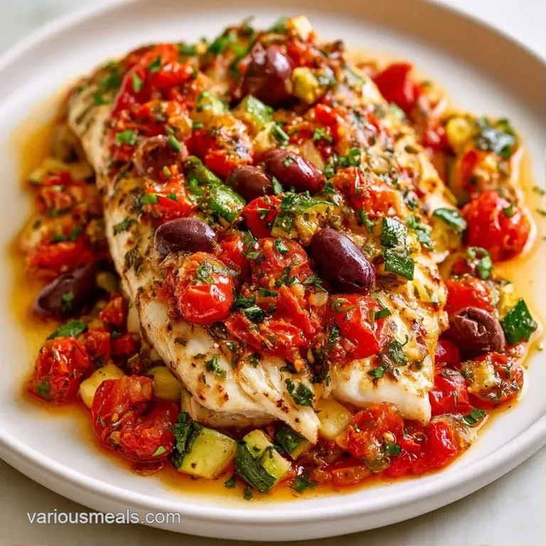 Elegant white fish fillet on a clean plate with colorful roasted vegetables and a sprig of fresh green parsley.