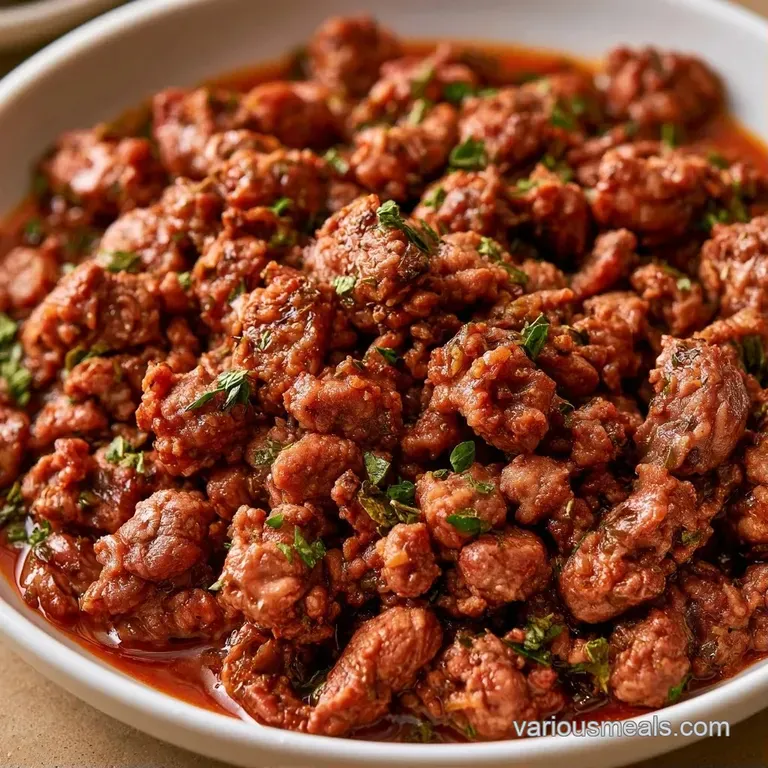 Elegant white plate featuring seared beef chunks, colorful roasted peppers, and a sprinkle of fresh green parsley.