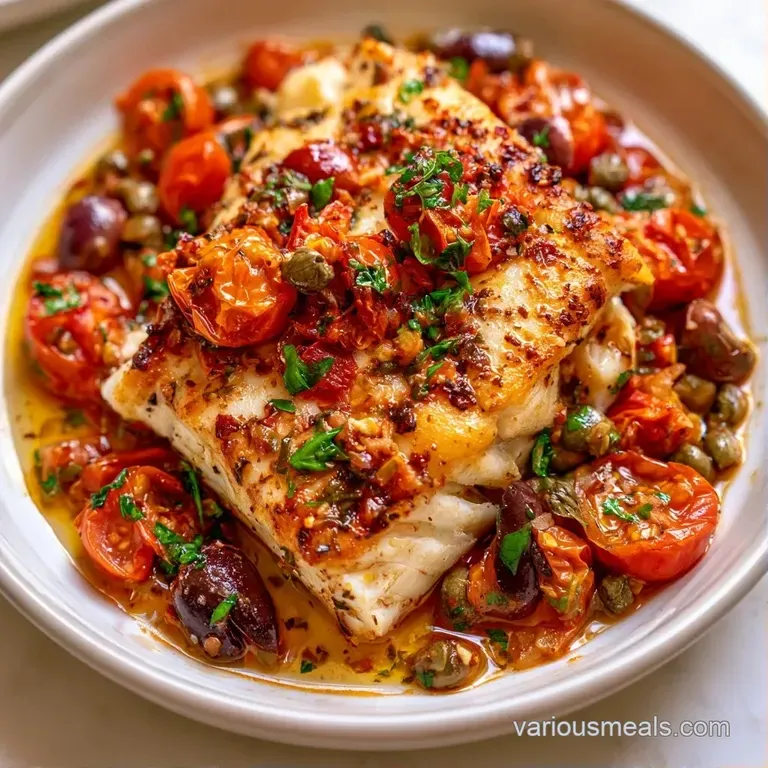 Elegant plating of tender white fish with vibrant red tomatoes and green olives on a minimalist ceramic plate.