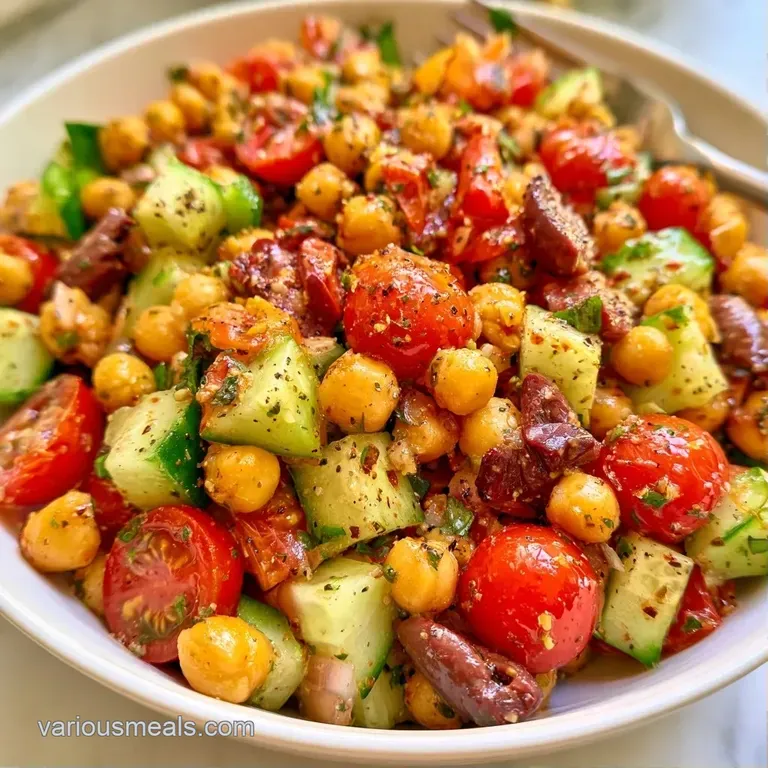 An elegant white bowl filled with golden chickpeas, white feta chunks, and bright green herbs on a marble surface.