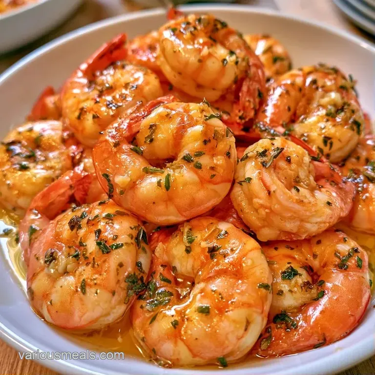 Saut&eacute;ed pink shrimp and roasted garlic cloves arranged on a white ceramic platter with lemon slices and herbs.