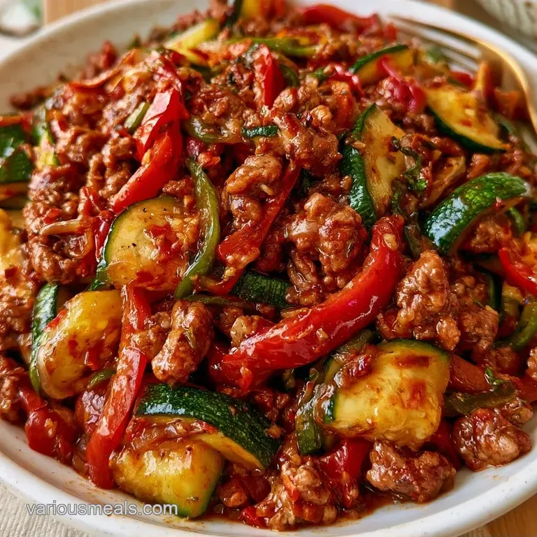 Vibrantly colored beef and pepper saut&eacute; served in a shallow white bowl, garnished with fresh parsley and feta.
