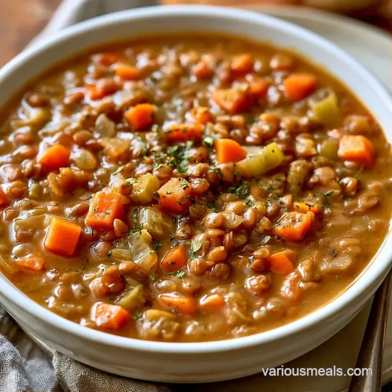 A rustic stoneware bowl of golden-hued lentil stew topped with a swirl of olive oil and a fresh lemon wedge on the side.