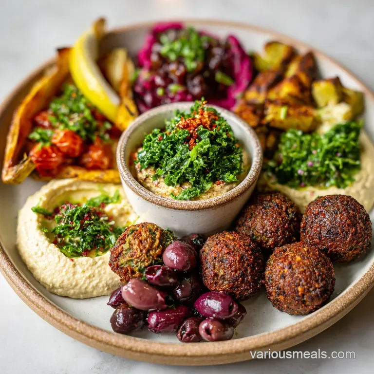 Artfully arranged mezze platter. Hummus swirls, glistening olives, and crumbled feta invite sharing a taste of the Mediter...