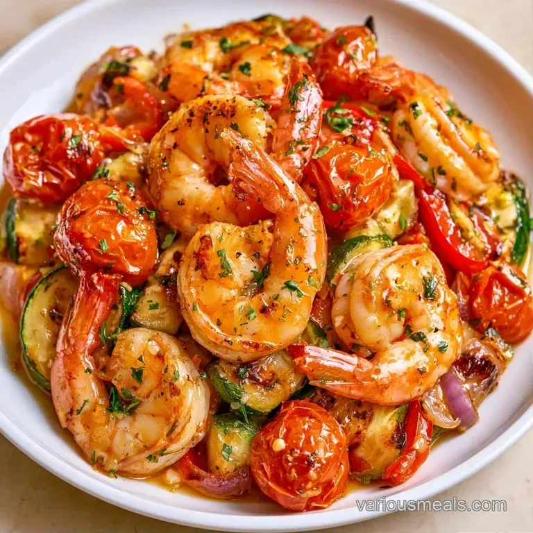 Saut&eacute;ed shrimp and olives on a white ceramic plate, garnished with bright lemon slices and golden olive oil.