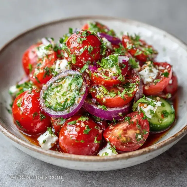 Colorful mixture of diced cucumbers and red tomatoes topped with chunky feta on a minimalist white platter.