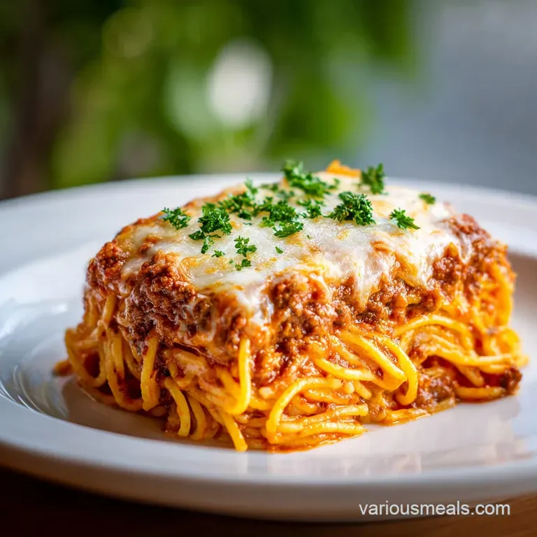 A generous portion of spaghetti bake with melted cheese, served in a rustic ceramic bowl.