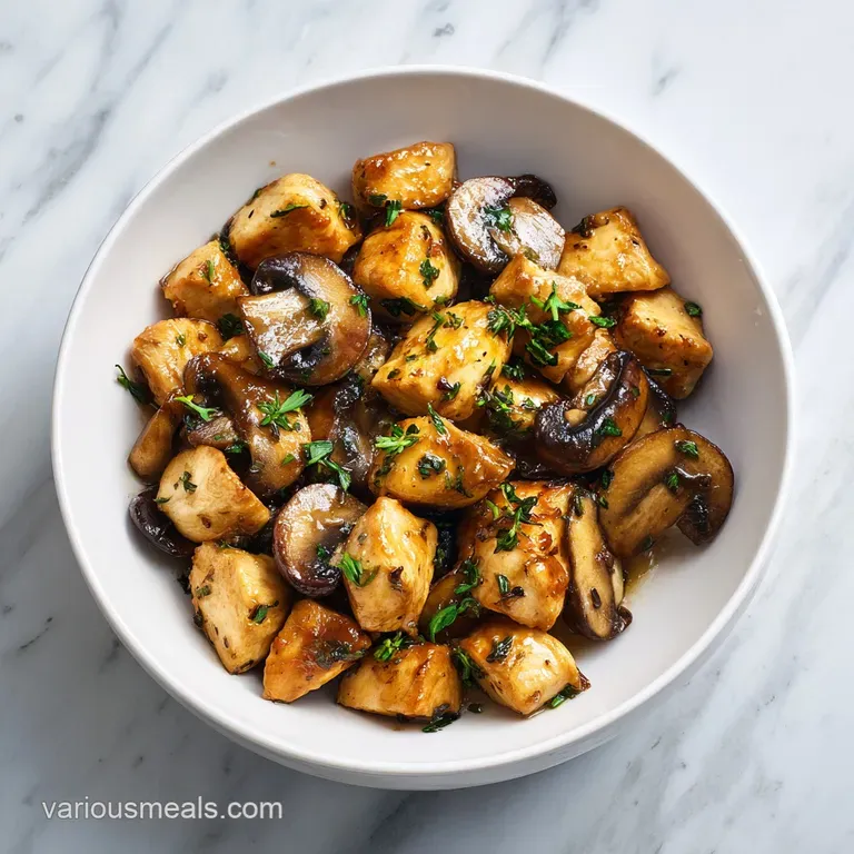 Seared chicken and mushrooms plated on a white ceramic dish, garnished with a sprig of fresh green parsley.