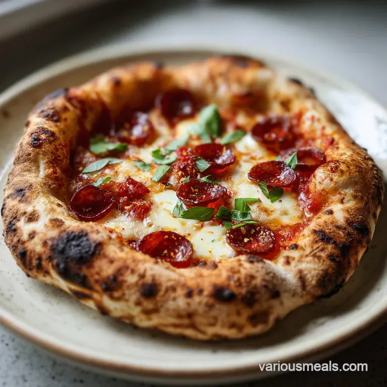 Perfectly blistered Neapolitan pizza with bright red sauce, creamy mozzarella, and fresh basil leaves on a marble surface.