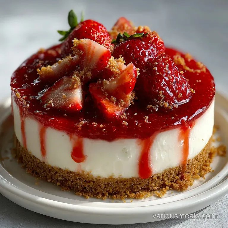 Slice of no-bake cheesecake with a vibrant strawberry topping and graham cracker crust, presented on a white plate with a ...