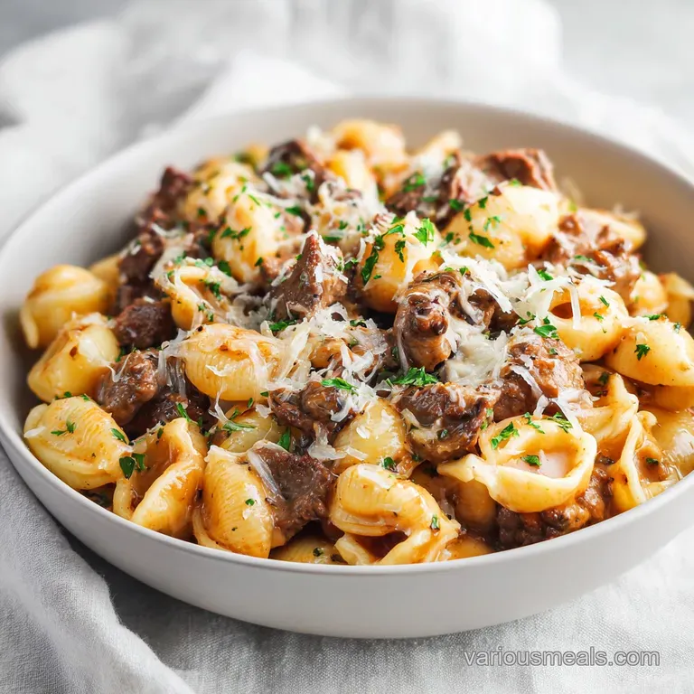 A comforting swirl of tender beef and pasta shells, elegantly plated with a sprinkle of fresh green herbs.