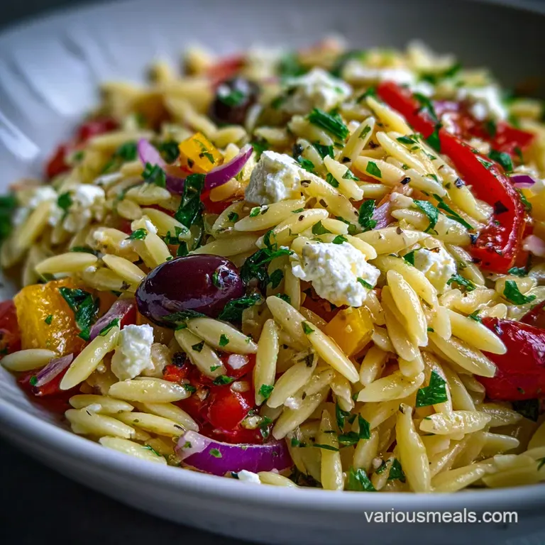 A spoonful of creamy orzo pasta salad spilling from a white bowl, glistening with fresh herbs. Zesty Mediterranean vibes.