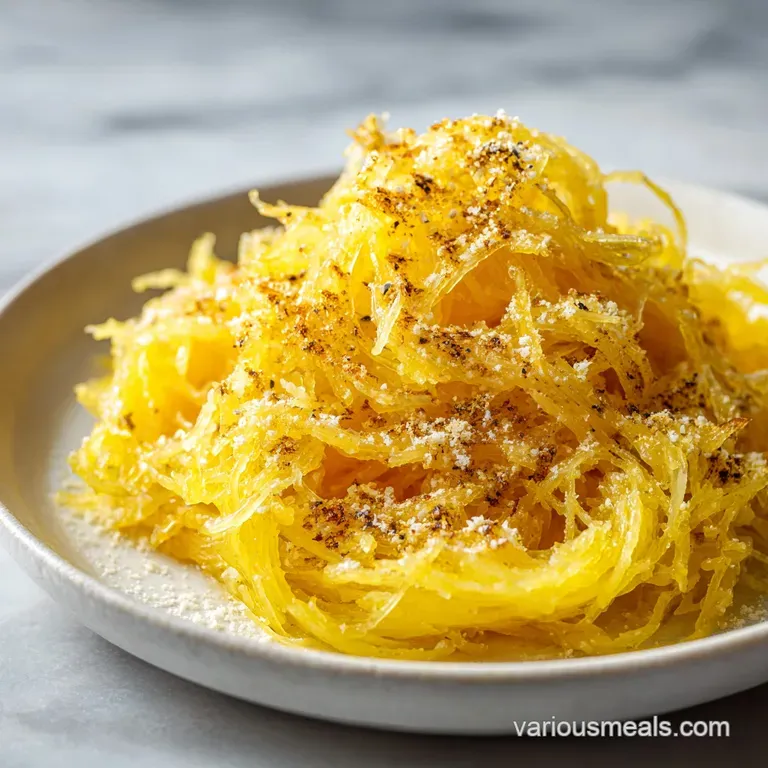 A heap of tender yellow squash strands on a white plate, dusted with grated parmesan and a sprig of fresh parsley.