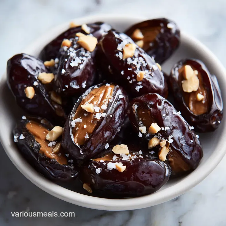 A neat row of chocolate-dipped dates on a white marble platter, drizzled with caramel and a pinch of flaky salt.