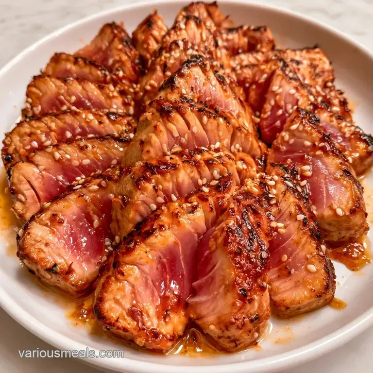 Symmetrically plated tuna slices with a glossy soy drizzle, topped with fresh microgreens and toasted sesame seeds.