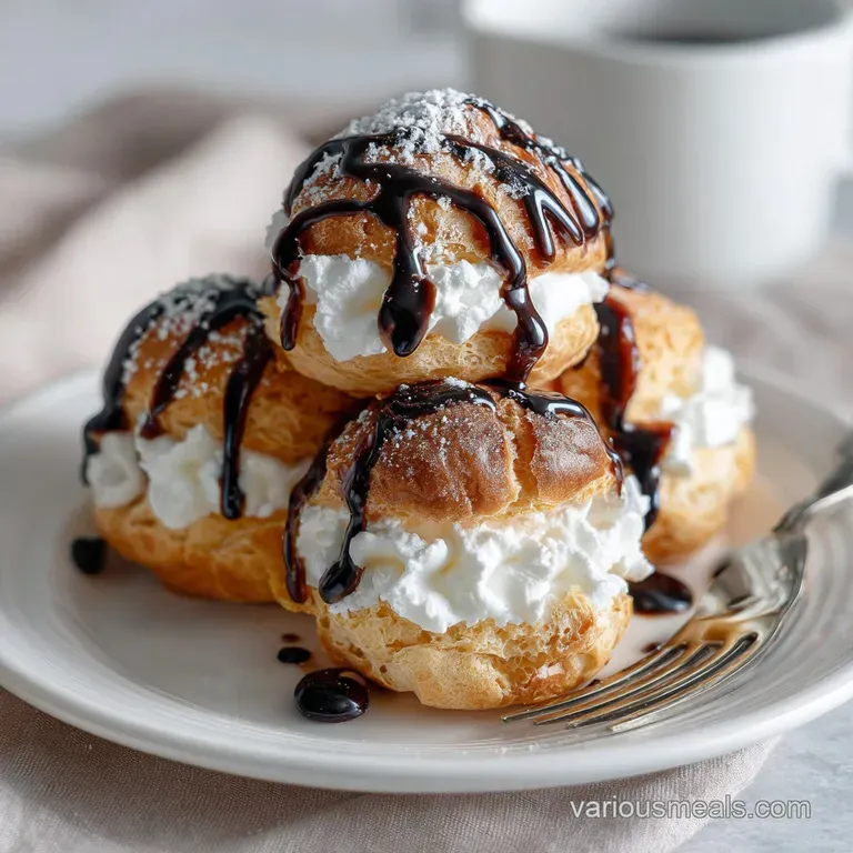A single panda cream puff on a white plate, powdered sugar dusting, next to a dollop of whipped cream and fresh raspberries.