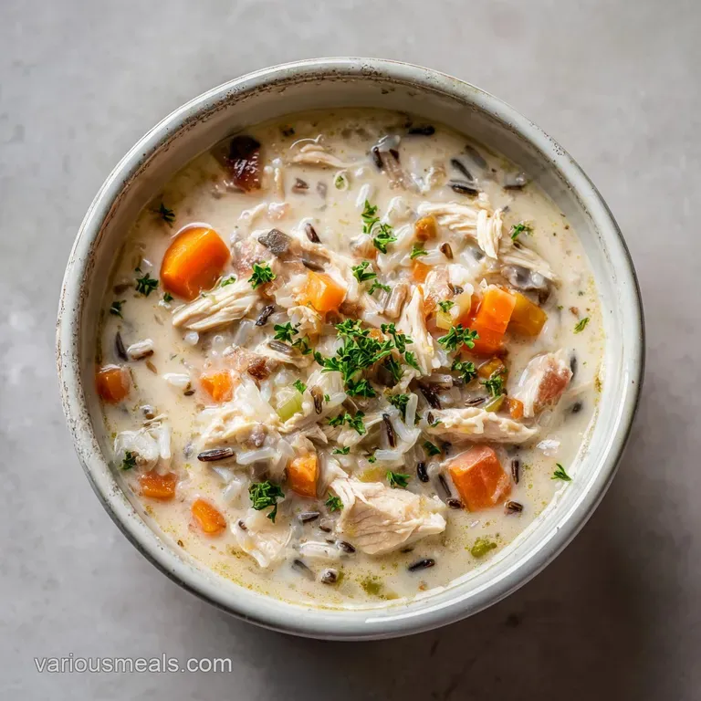 A comforting swirl of creamy soup topped with fresh herbs and a crusty bread slice on the side.