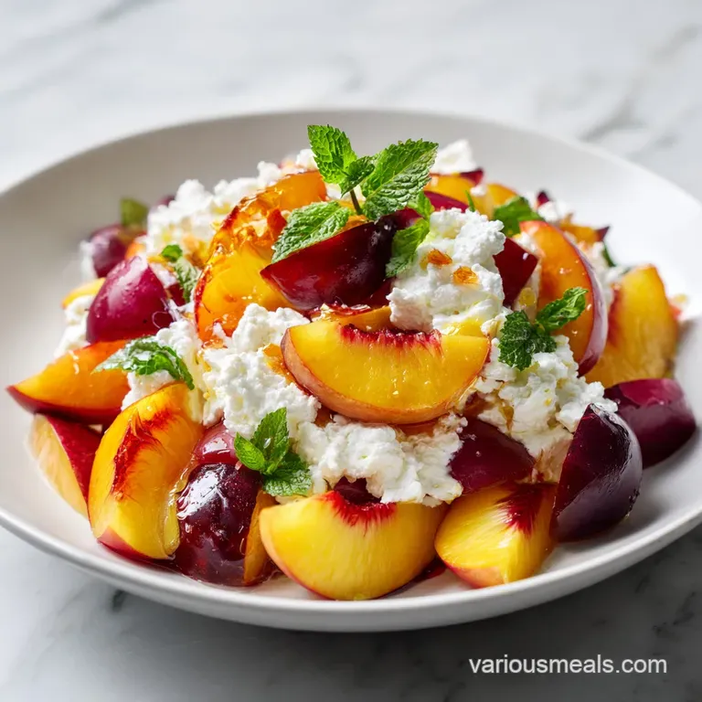 A slice of smooth, pale yellow cheesecake salad adorned with glistening peach wedges on a white plate.